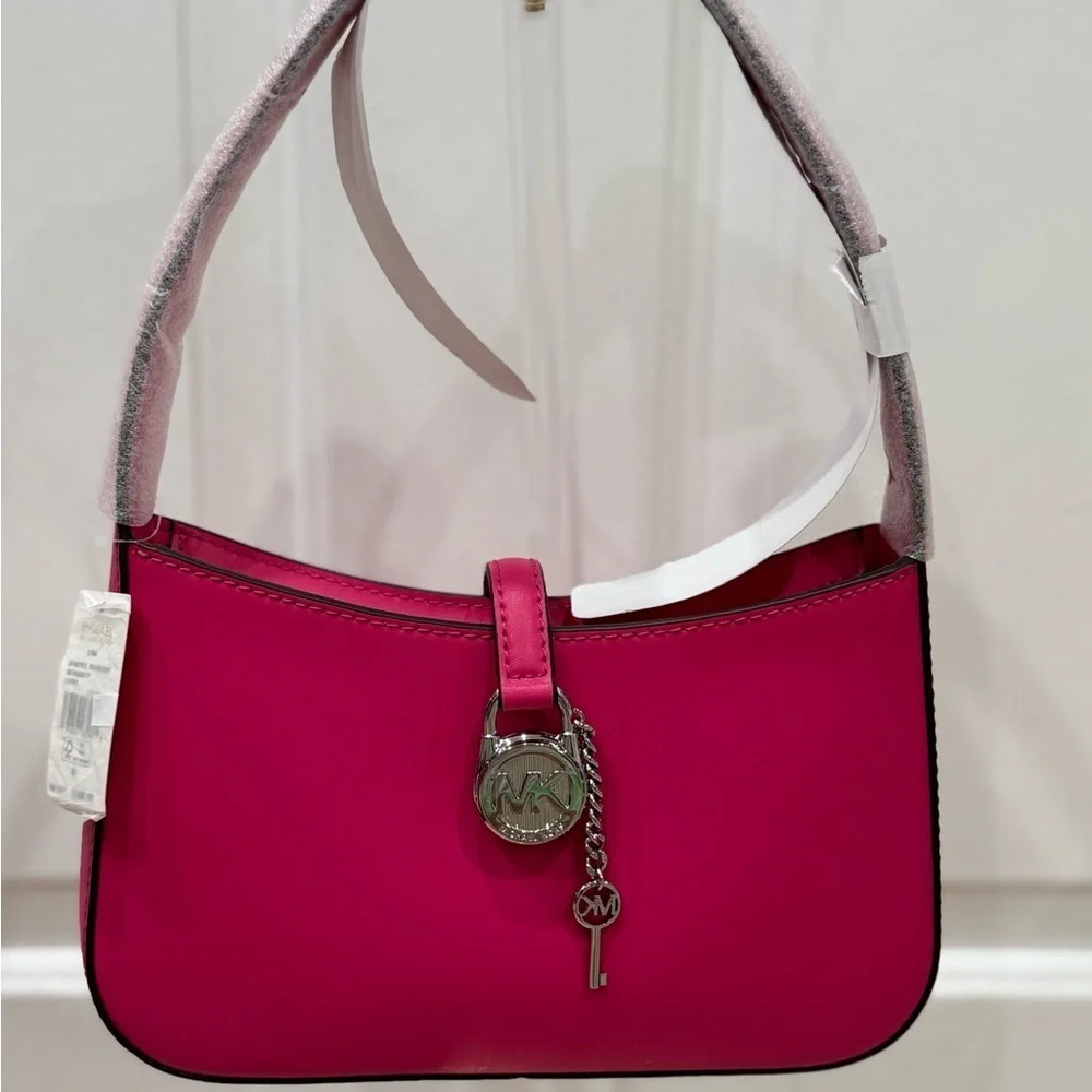 Michael Kors Lyra Small Leather Pouchette Dragonfruit Pink Silver Charm Purse
